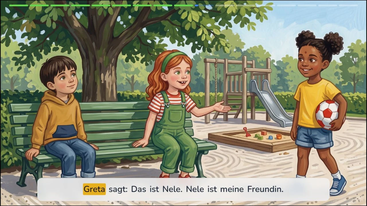 Originalansicht des LeseWelt-Readers mit einer illustrierten Geschichte und deutschen Untertiteln